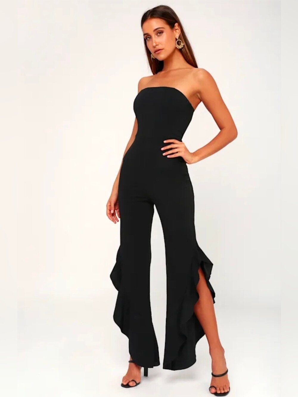 Lulu's After Midnight Black Strapless Ruffle Leg Jumpsuit Size S